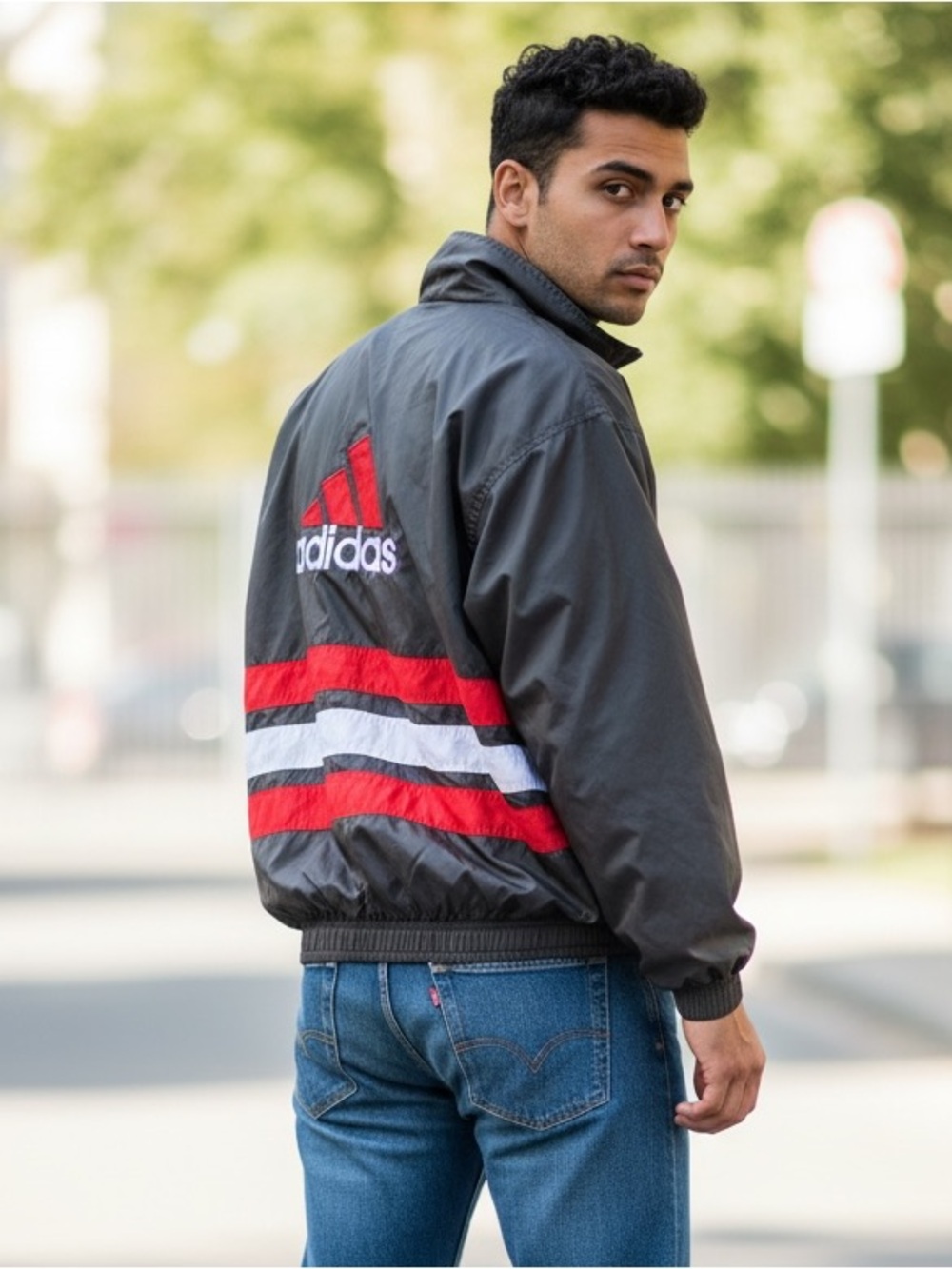 adidas Men’s Black Windbreaker Jacket with Red & White Accents